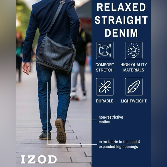 IZOD Men's Denim Jeans - Comfort Stretch Mid Rise Relaxed Fit, 34x32 Dark Tint - Picture 3 of 7